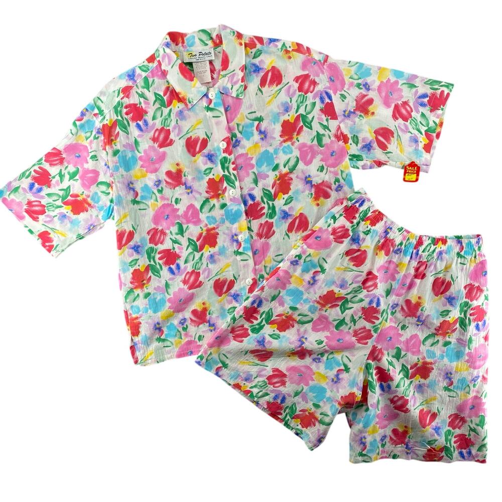 Vtg NOS 80s 90s Two Potato Resortwear Matching Vacation Set Retro Floral Print S